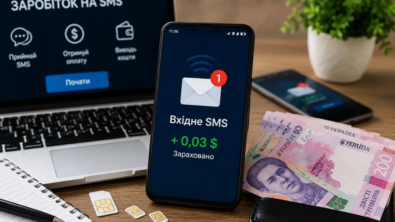 Додатки для заробітку на вхідних SMS. Смартфон, SIM-картки та гроші як ілюстрація заробітку на вхідних SMS