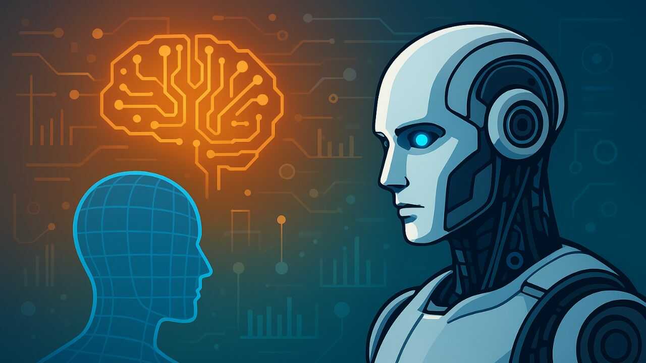 Робот і цифрова фігура людини на тлі мозку та технологічних схем, що символізують розвиток штучного інтелекту. 25 бізнес-ідей з АІ.