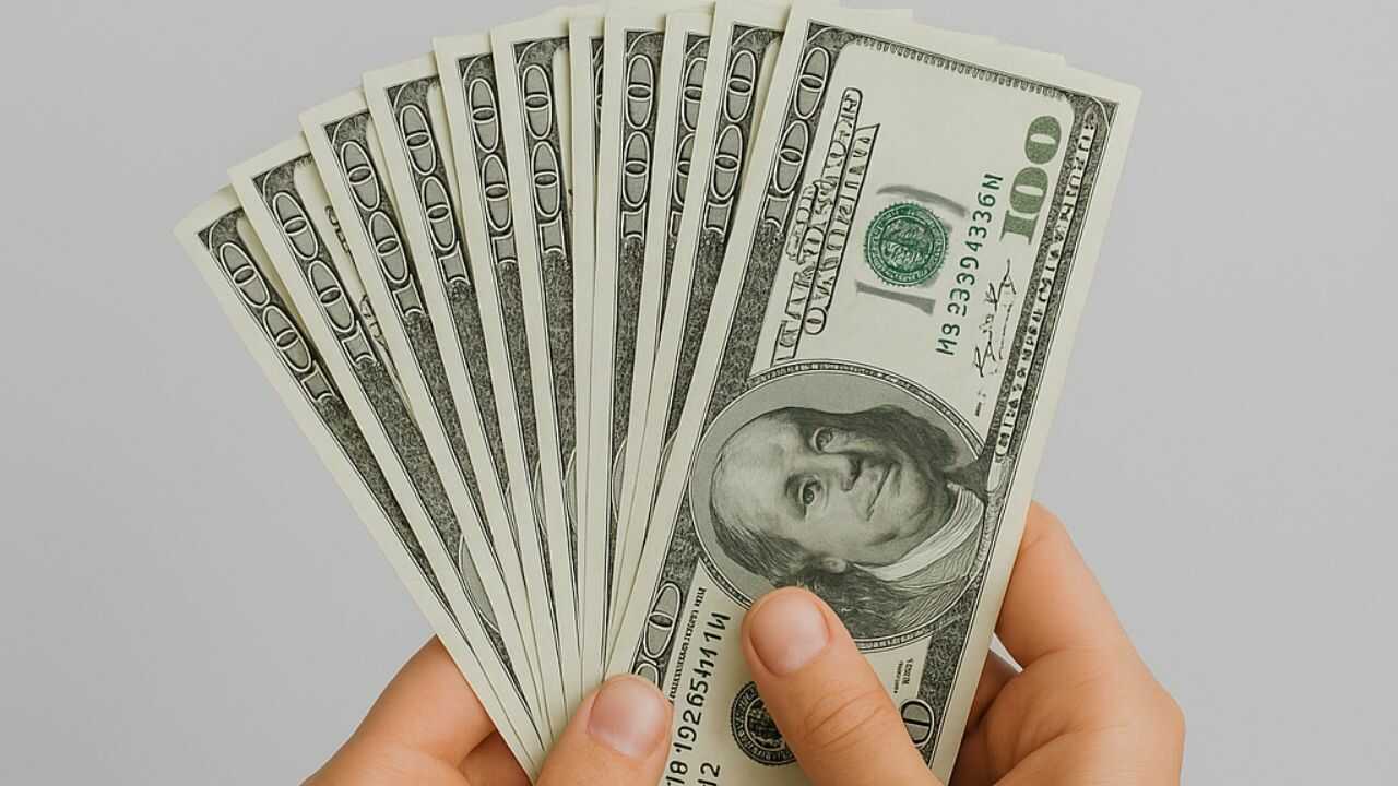 Людина тримає у руках купюри доларів — символ прибутку від заробітку за допомогою штучного інтелекту.