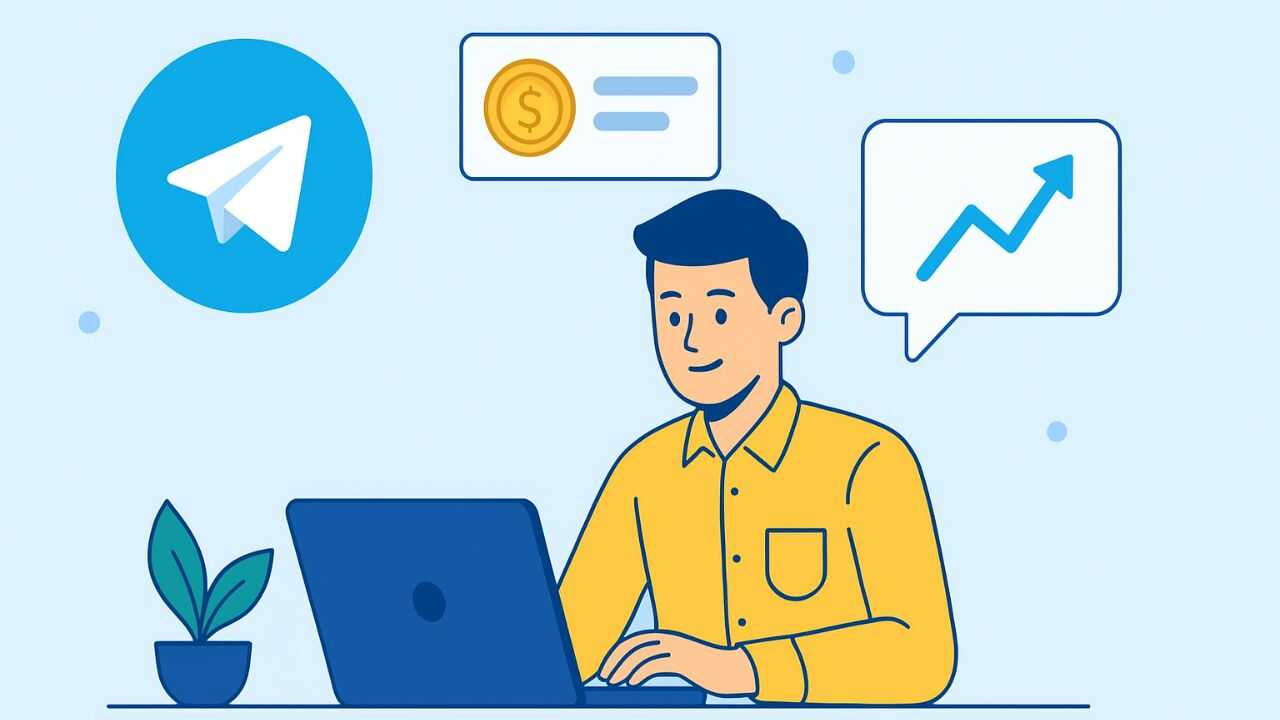 Ілюстрація молодого чоловіка за ноутбуком, який заробляє на Telegram-мікросервісах; логотип Telegram, монета та графік зростання доходу.. Створення мікросервісів у Telegram